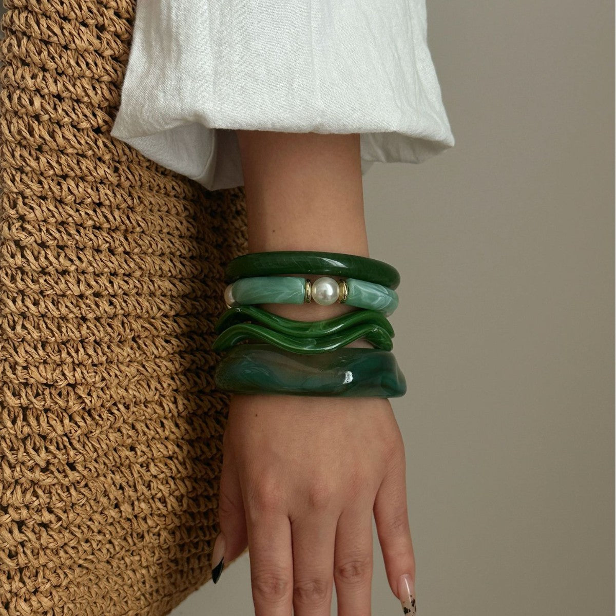 Vintage Green Acrylic Drip Oil Bracelet Set Geometric Round Square Design