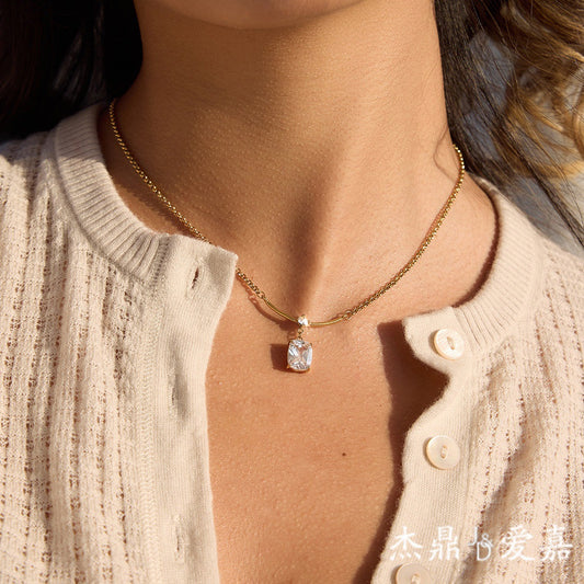 Minimalist Geometric Square Stainless Steel PVD Cubic Zirconia Pendant Necklace for Women