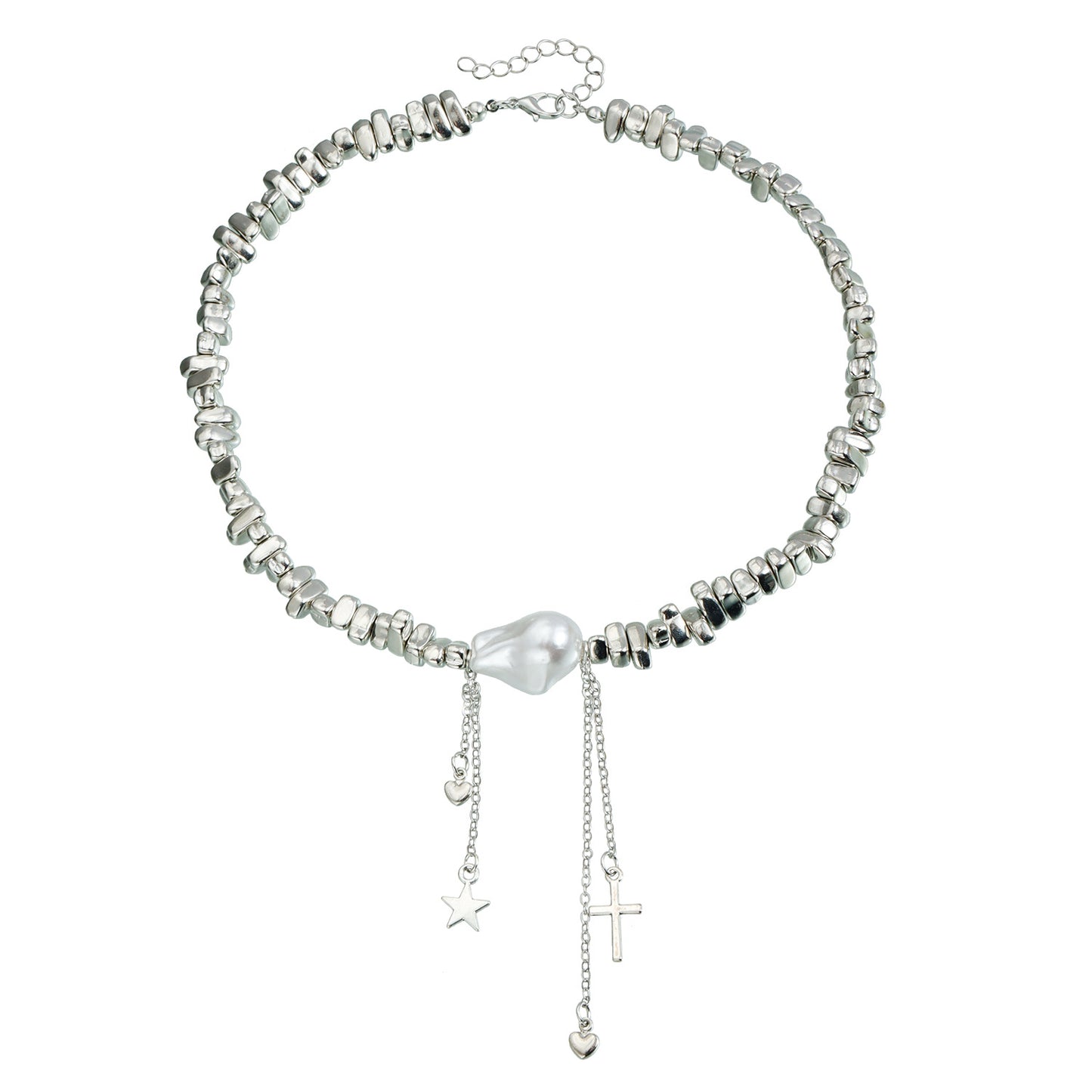 Vintage Asymmetrical Pearl Necklace with Star Heart Cross Pendant and Tassel Detail for Women Alloy Electroplated Locket Chain