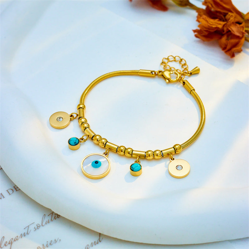 Vintage Style Round Blue-Eye Turquoise Pendant on Titanium Steel Plated Bracelet for Women