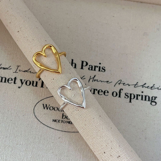 Minimalist Heart-Shaped 925 Sterling Silver Open Ring with Beveled Geometric Detail for Women