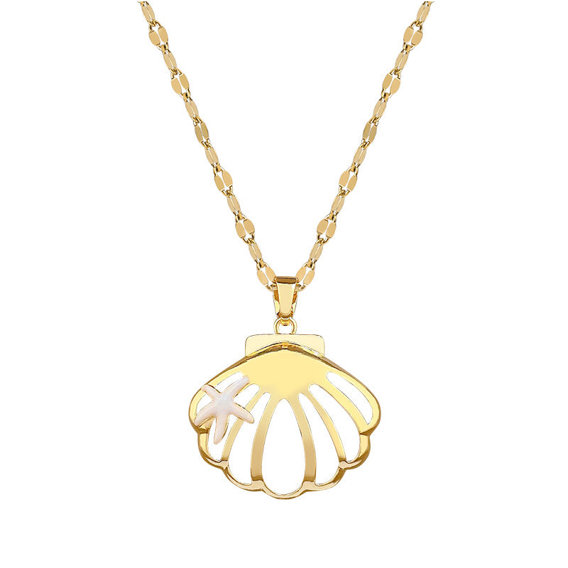 Sweet Minimalist Hollow Shell Moon Drip Oil Rhinestone Titanium Steel Necklace Set for Unisex