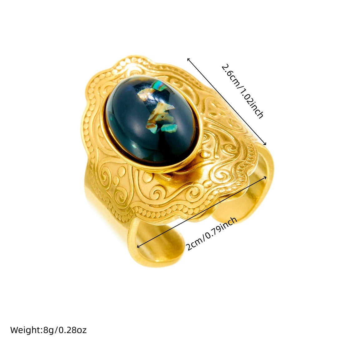 Vintage Gold Plated Geometric Oval Stainless Steel Ring with Pearl and Gemstone Inlay