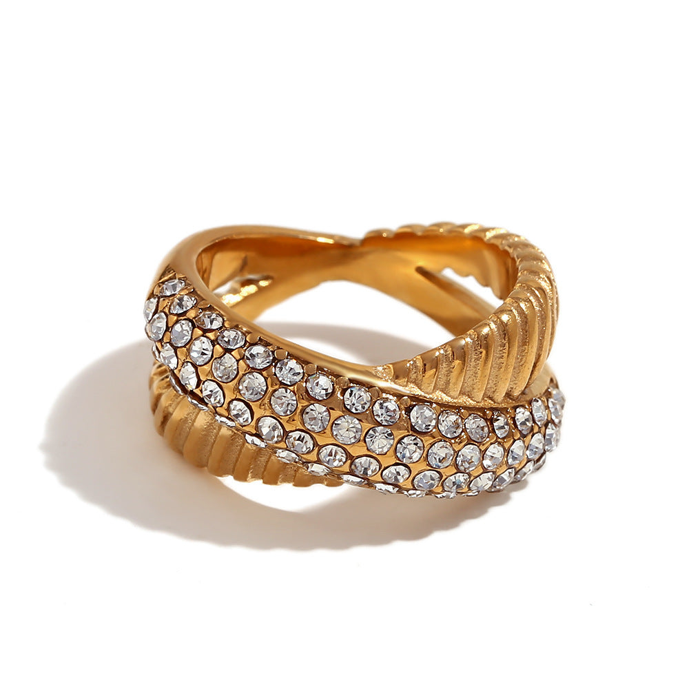 Minimalist Geometric Stainless Steel Ring with 18K Gold Plating and Micro-Paved Zirconia for Women