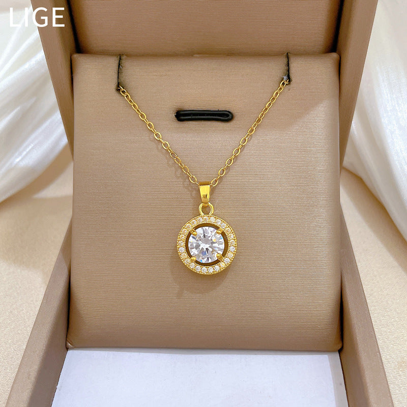 Sweet Round Geometric Cubic Zirconia Inlaid Titanium Steel Necklace for Unisex