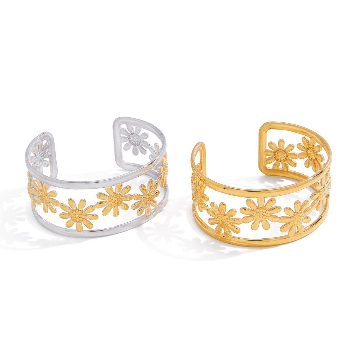 Sweet Streetwear Two-Tone Gold and Silver Plated Stainless Steel Floral Curve Bracelet and Ring Set for Women