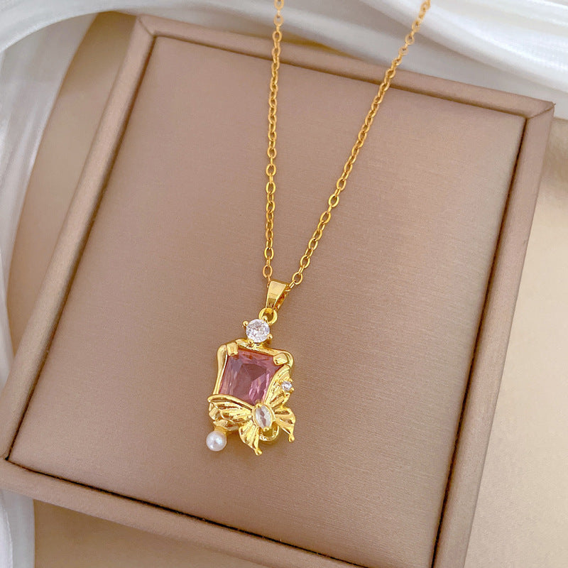 Collar de lujo con colgante de mariposa de acero de titanio e incrustaciones de circonita para mujer, delicada cadena de clavícula con diseño geométrico