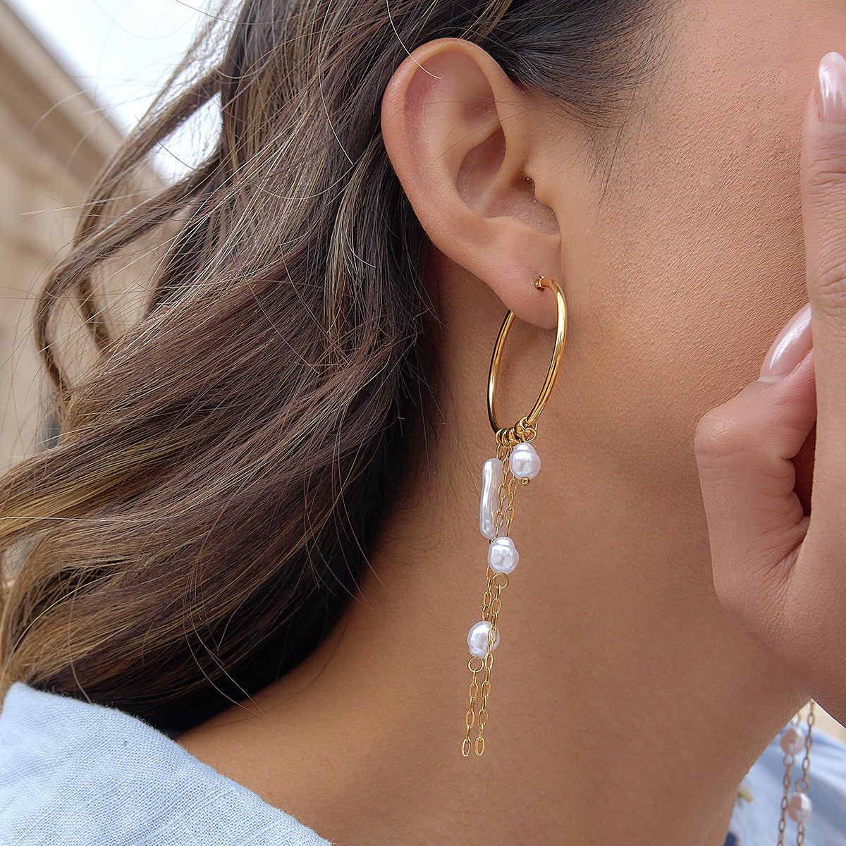 Elegant Geometric Stainless Steel Plated Faux Pearl Tassel Earrings for Women