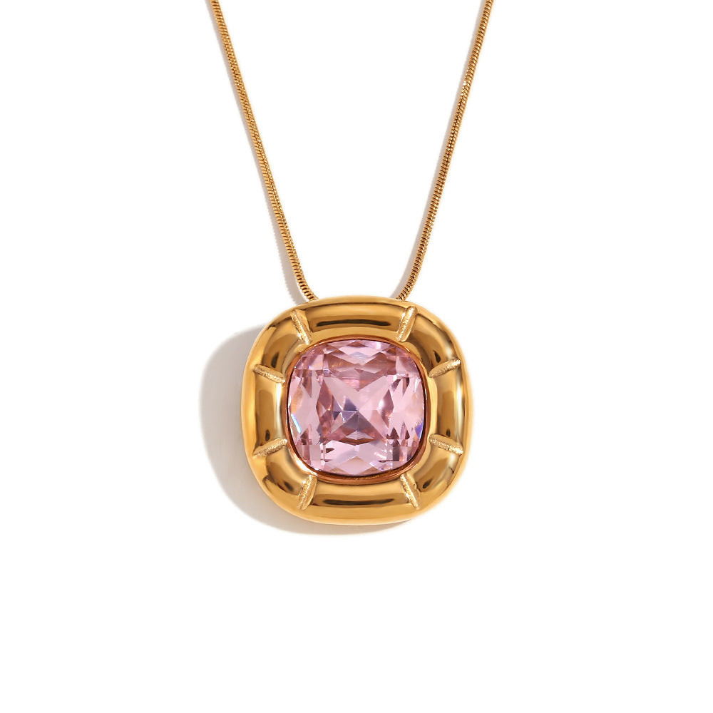 Vintage Fashion Floral Geometric Square Zirconia Necklace for Women Stainless Steel with 18K Gold Plating