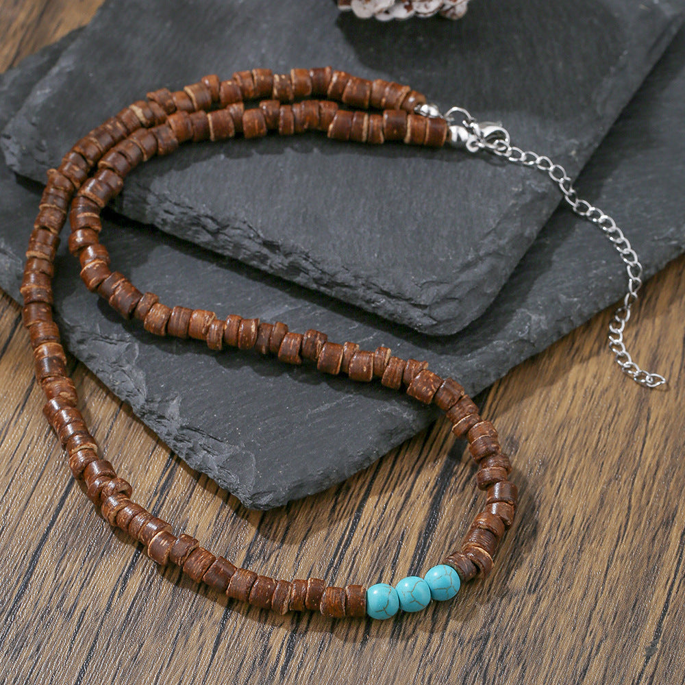 Vintage Bohemian Ethnic Geometric Wood Bead Turquoise Stainless Steel Ball Chain Necklace for Unisex