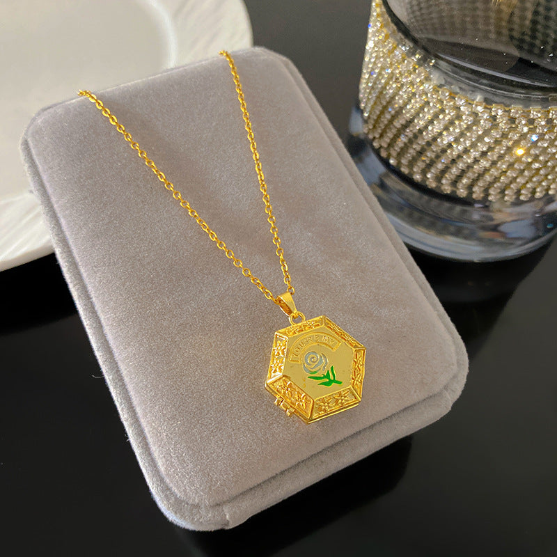 Vintage Drip Oil Floral Heart Oval Pendant Gold Plated Brass Necklace for Women