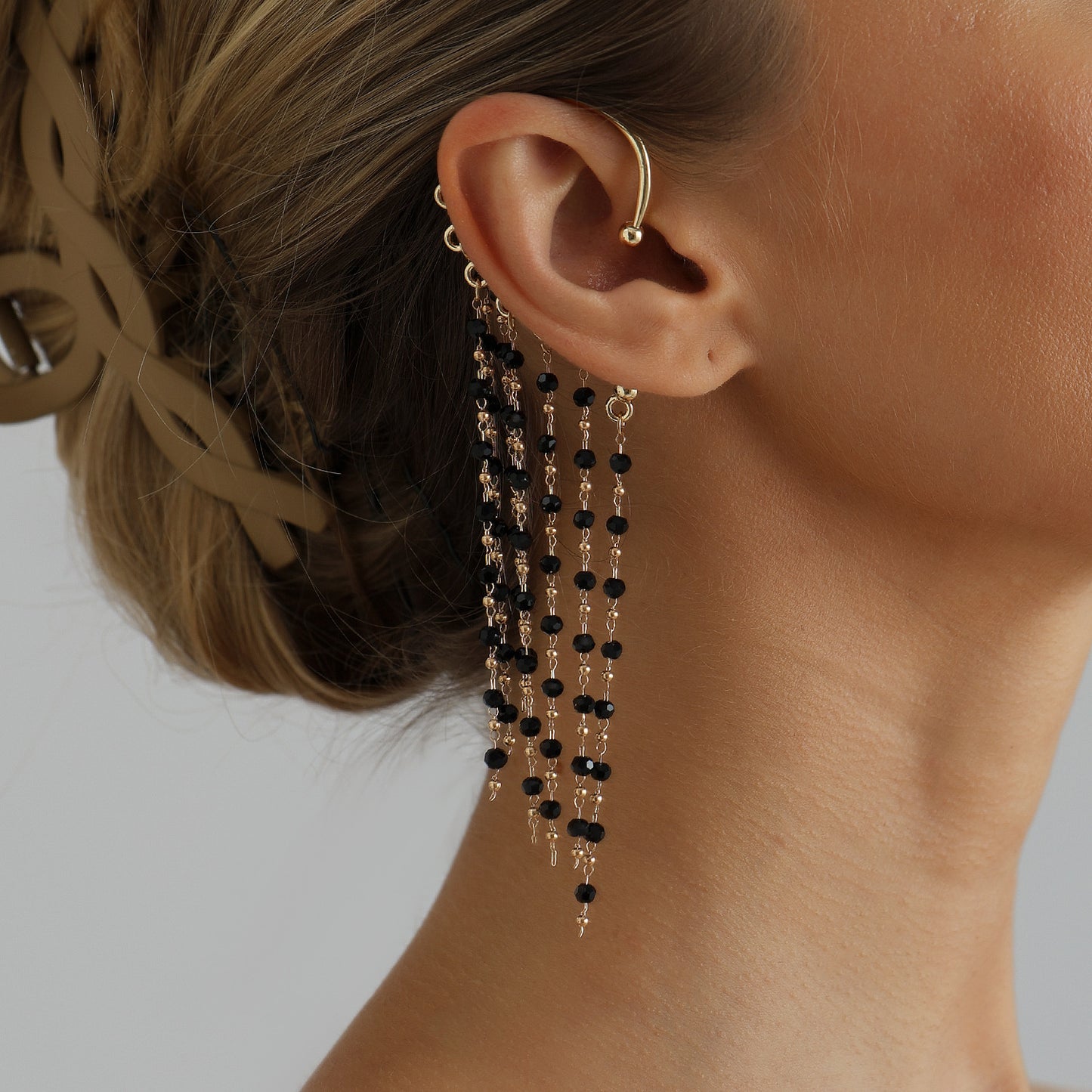 Black Crystal Glass Plated Tassel Ear Cuff
