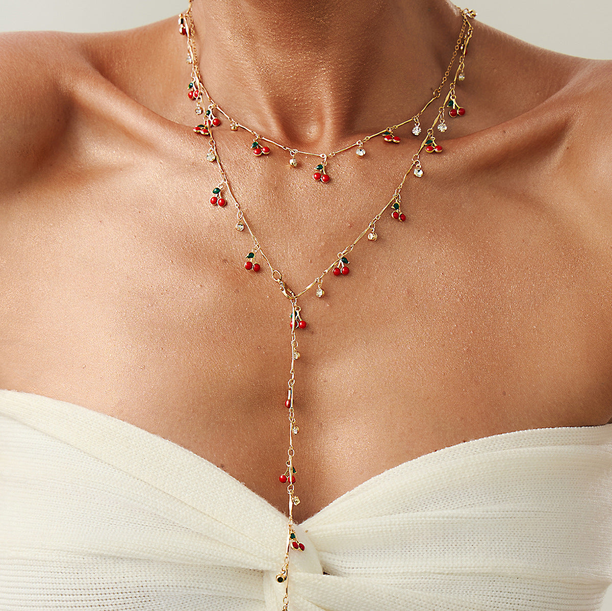 Cherry-Shaped Fruit Pendant Necklace for Women with Y-Shape Design, Metal Construction, Enamel Finish, Long Tassel Drop, Minimalist and Edgy Style