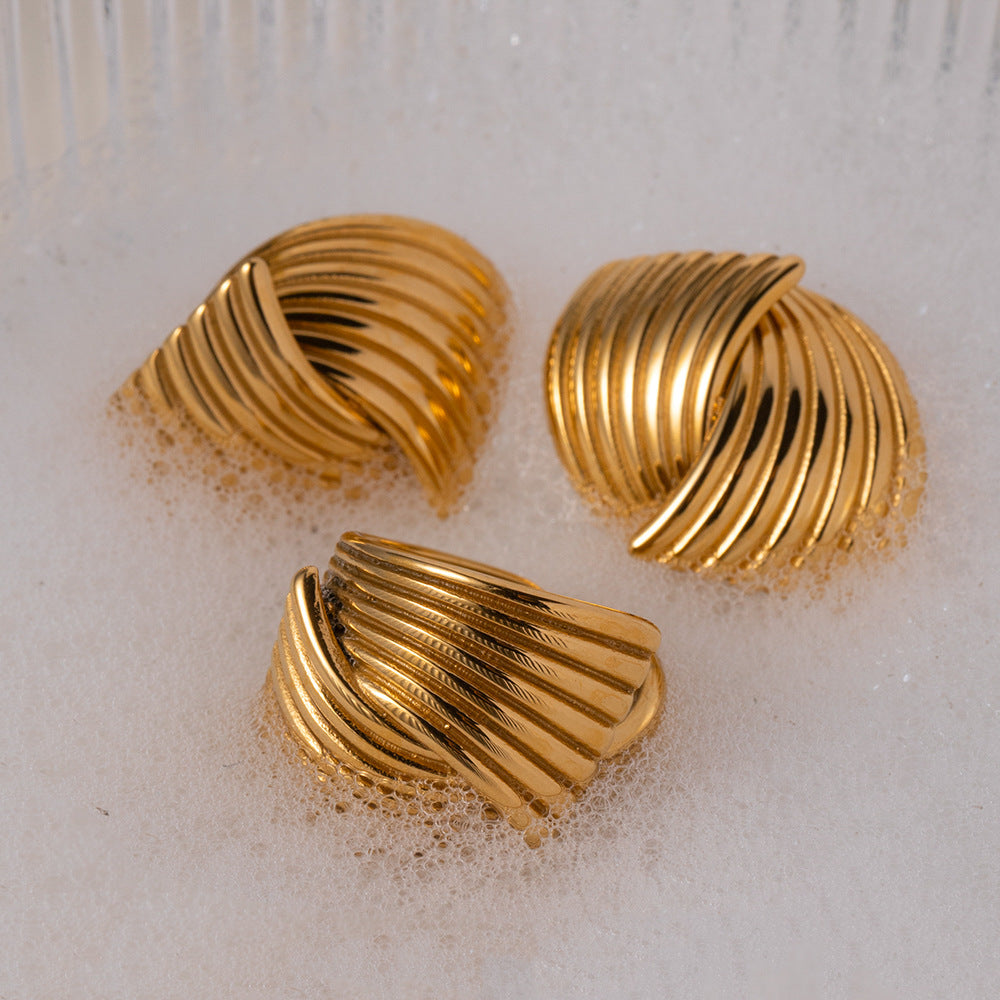 Minimalist Geometric Stainless Steel Ring with 18K Gold Plating and Woven Texture for Women