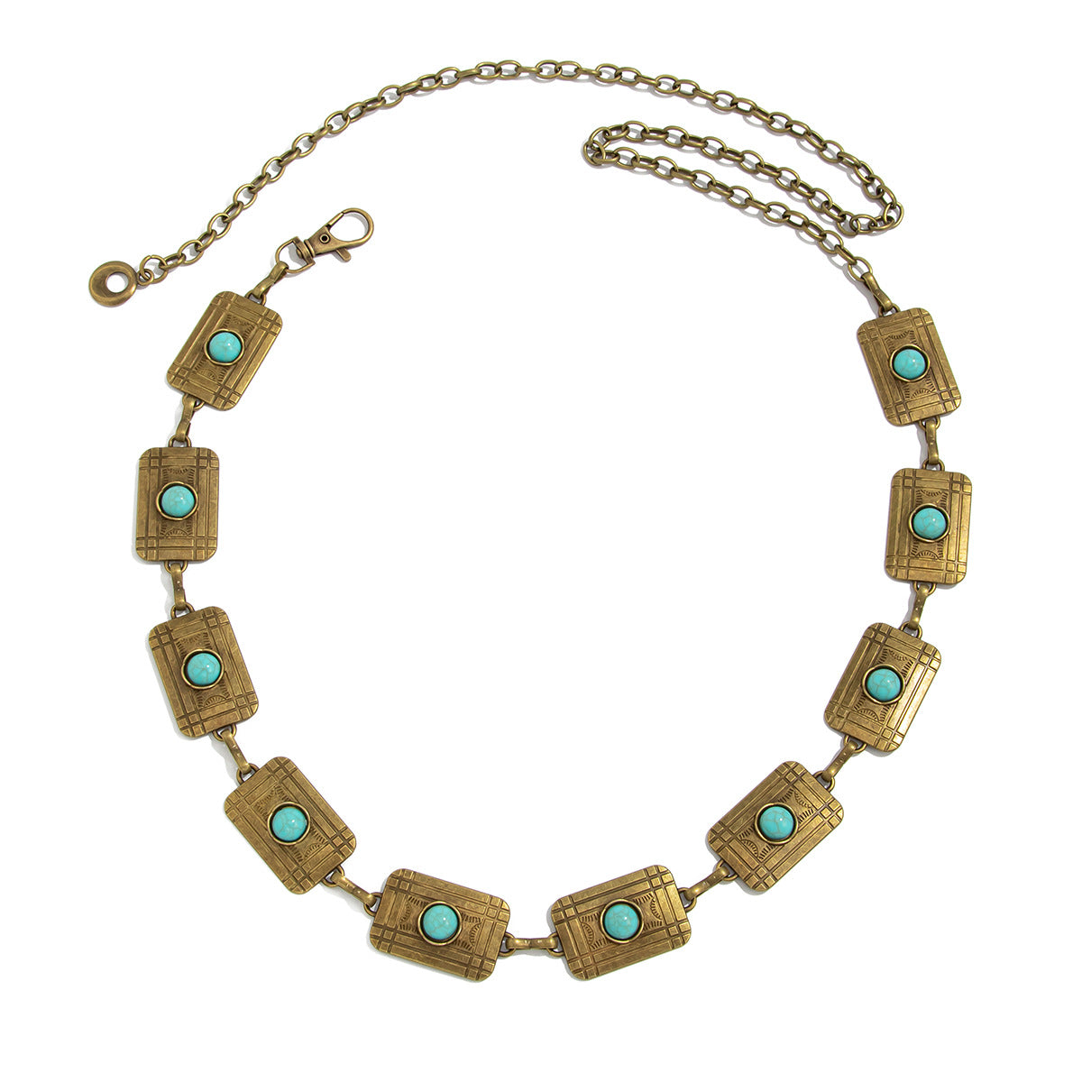 Cintura Vintage da Donna Bohemien in Turchese con Motivo Geometrico, Chiusura a Moschettone e Dettaglio Nappa