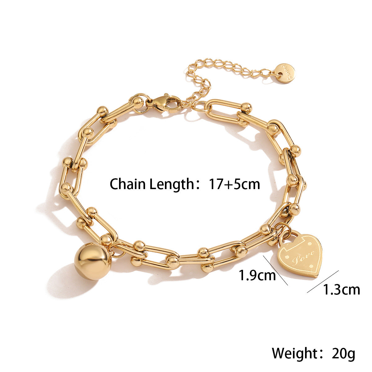 Bracciale da donna in acciaio inossidabile con ciondolo a cuore geometrico minimalista e finitura placcata