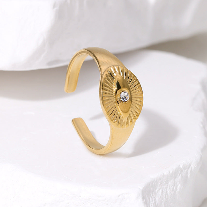 Vintage-Style Evil Eye Stainless Steel Ring with Rhinestone Inlay, Adjustable Band, Minimalist Fashion Accessory for Women