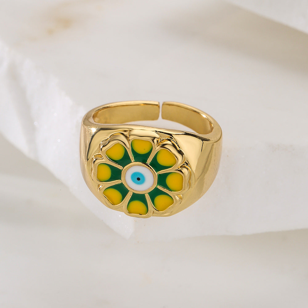Bohemian Copper Ring with 18K Gold Plating and Enamel Floral Design for Women