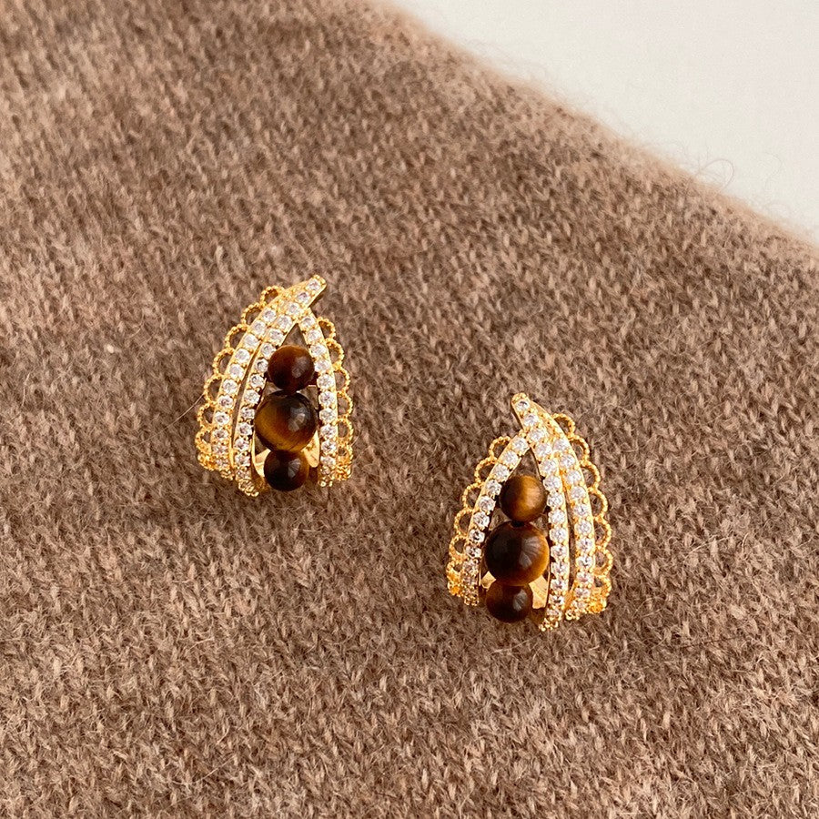 Orecchini a perno geometrici vintage in occhio di tigre, in acciaio placcato oro 18 carati da donna