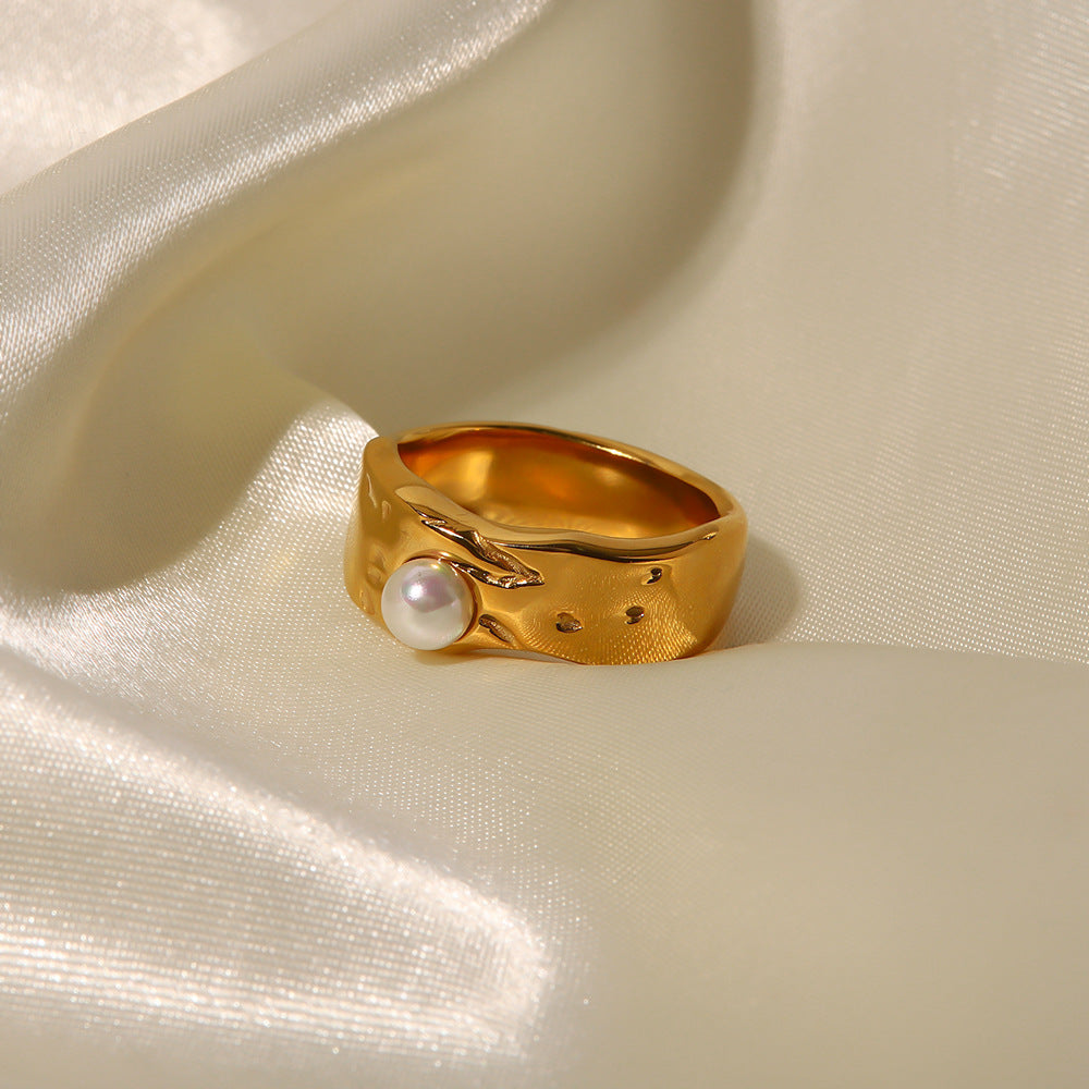 INS Style Geometric Lava Pearl Ring in Stainless Steel with 18K Gold Plating for Women