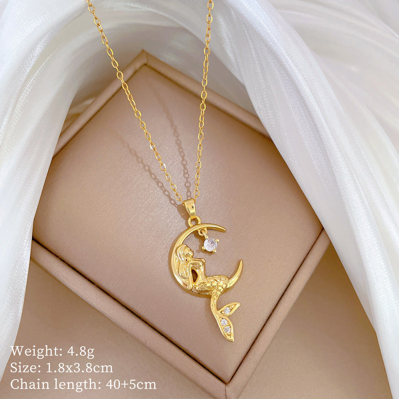 Minimalist Mermaid Shape Titanium Steel Necklace with Zircon Inlay for Women and Men, Delicate Clavicle Chain