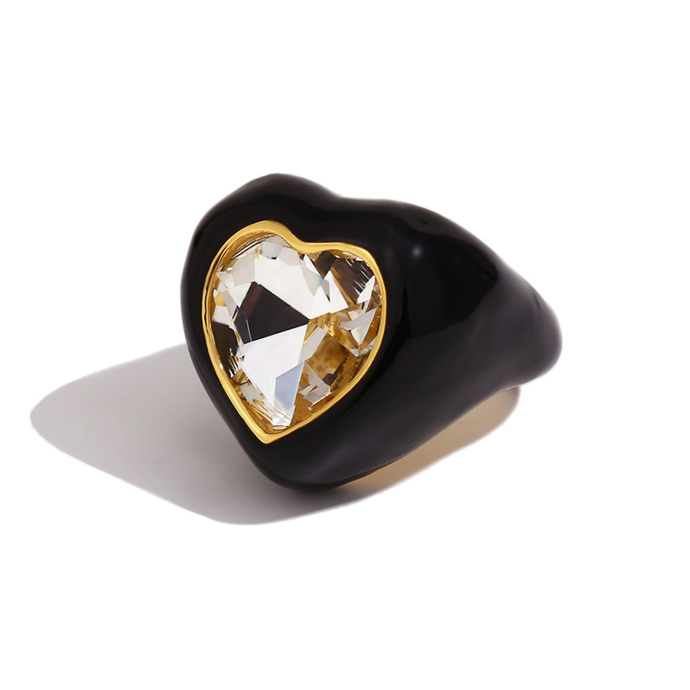 Anello da donna alla moda minimalista a forma di cuore in acciaio inossidabile con placcatura in oro 18 carati e finitura smaltata