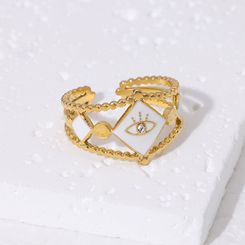 Fashion French Style Evil Eye Rhombus Shape Stainless Steel 18K Gold Plated Enamel Adjustable Ring for Women