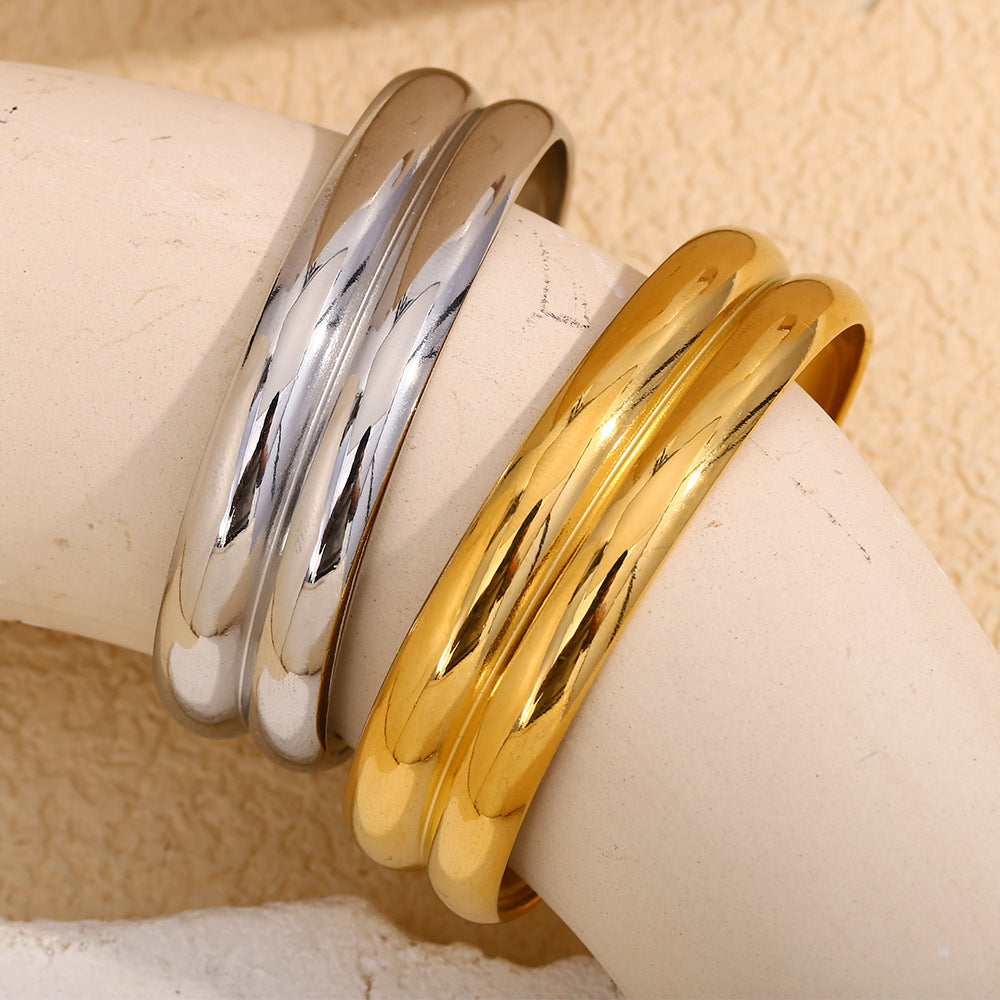 Bracciale Minimalista Elegante a Doppio Strato Largo in Acciaio Inossidabile da Donna con Placcatura in Oro 18K