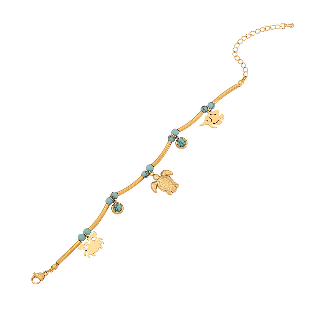Bracciale alla moda con tartaruga e stella marina in acciaio inossidabile con dettagli turchesi da donna