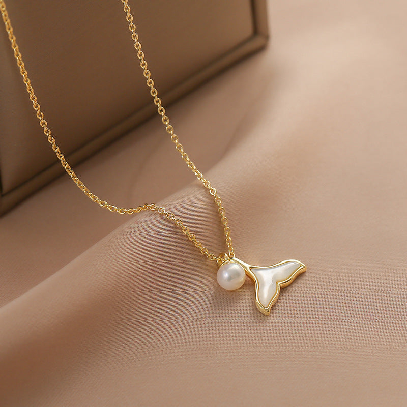 Collana da donna con coda di sirena e ciondolo in madreperla, catena a medaglione in acciaio al titanio, finitura placcata, design minimalista e di ispirazione vintage