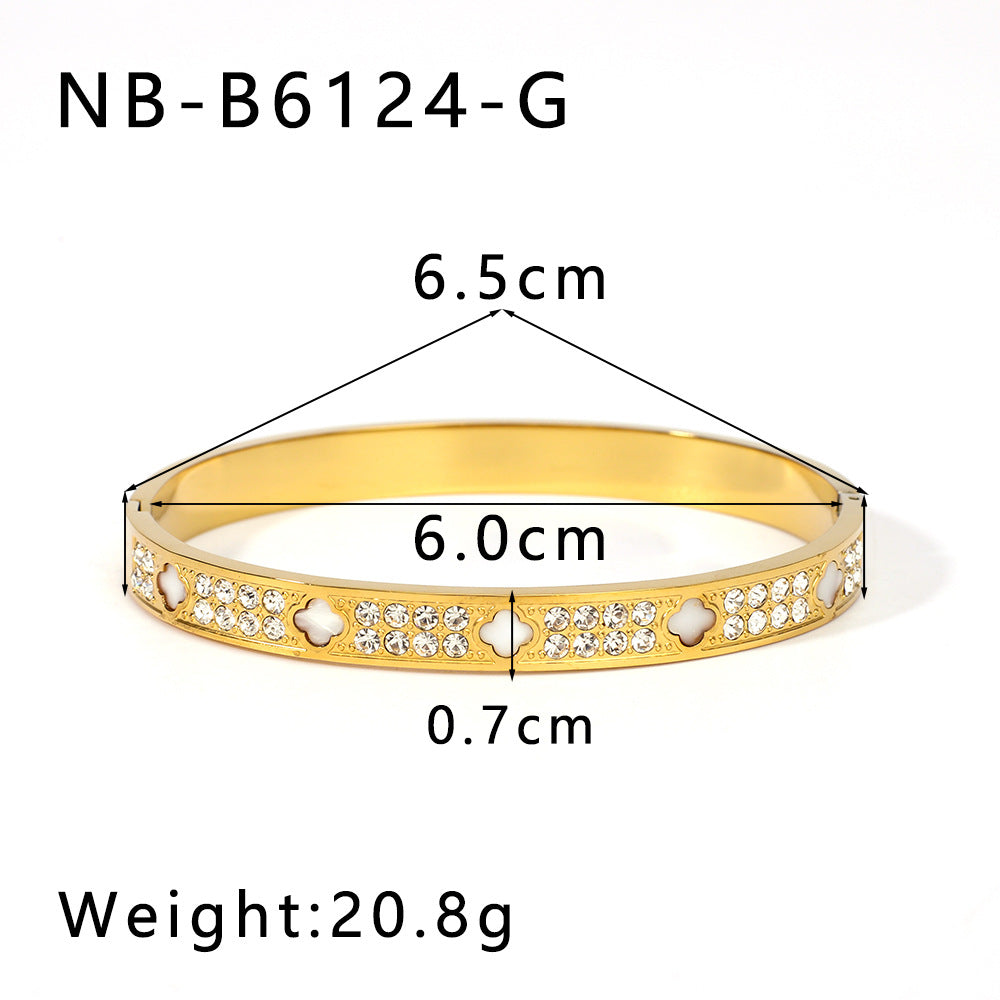Ins Style Stainless Steel Waterproof Bracelet with Zircon Inlay White Abalone Shell and 18K Gold Plated Finish