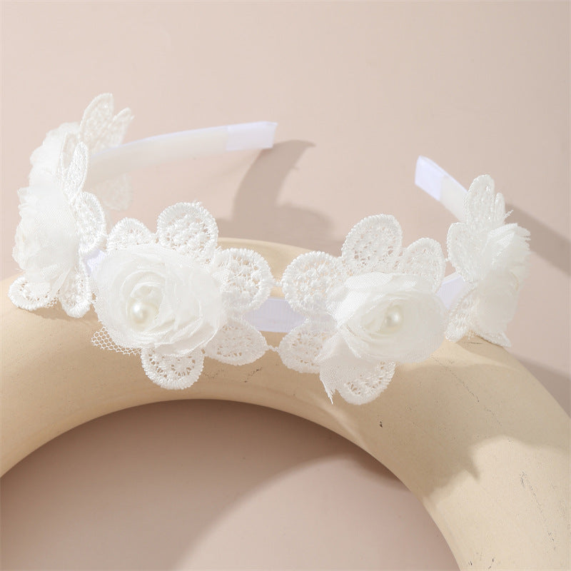 Cerchietto Floreale per Bambini con Rifinitura in Pizzo e Dettagli in Perle in Stile Naturale, Accessorio per Capelli Ricoperto in Resina Colore Macaron