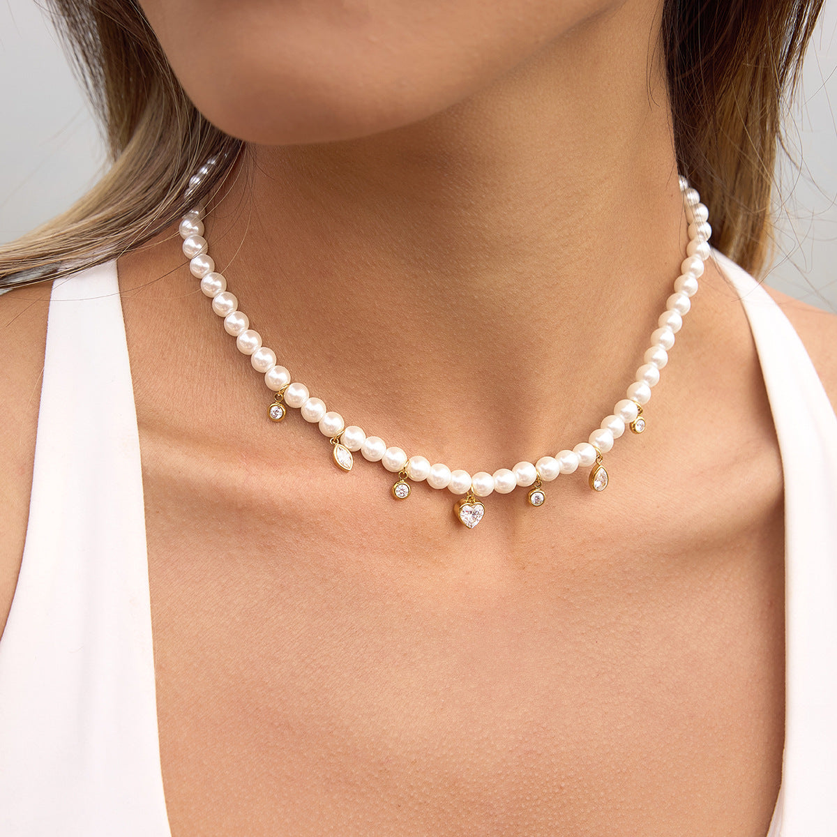 Minimalist Geometric Heart Stainless Steel Necklace with Simulated Pearl and Cubic Zirconia PVD Plated for Women