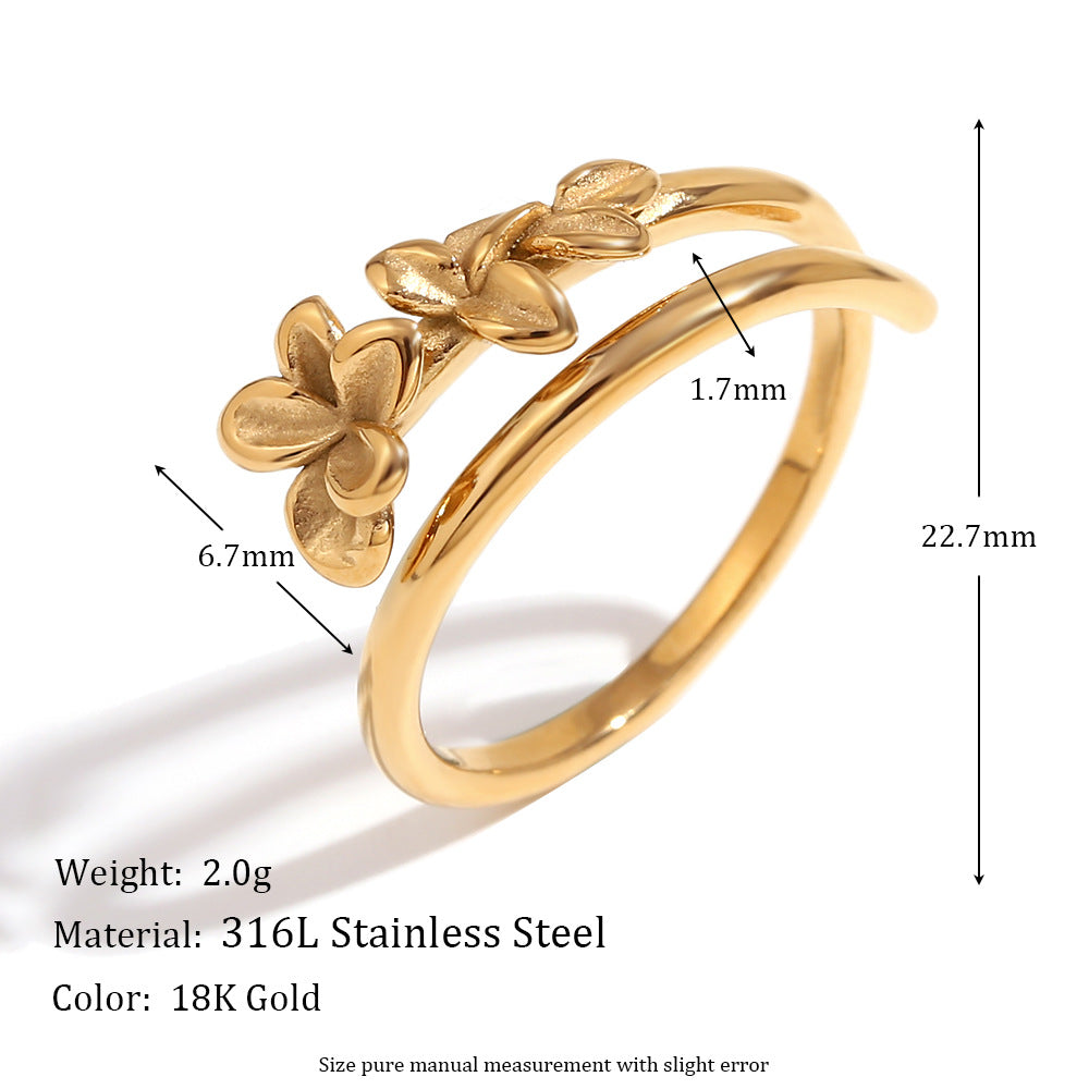 Minimalist Floral Double-Layer Open Ring in Stainless Steel with 18K Gold Plating