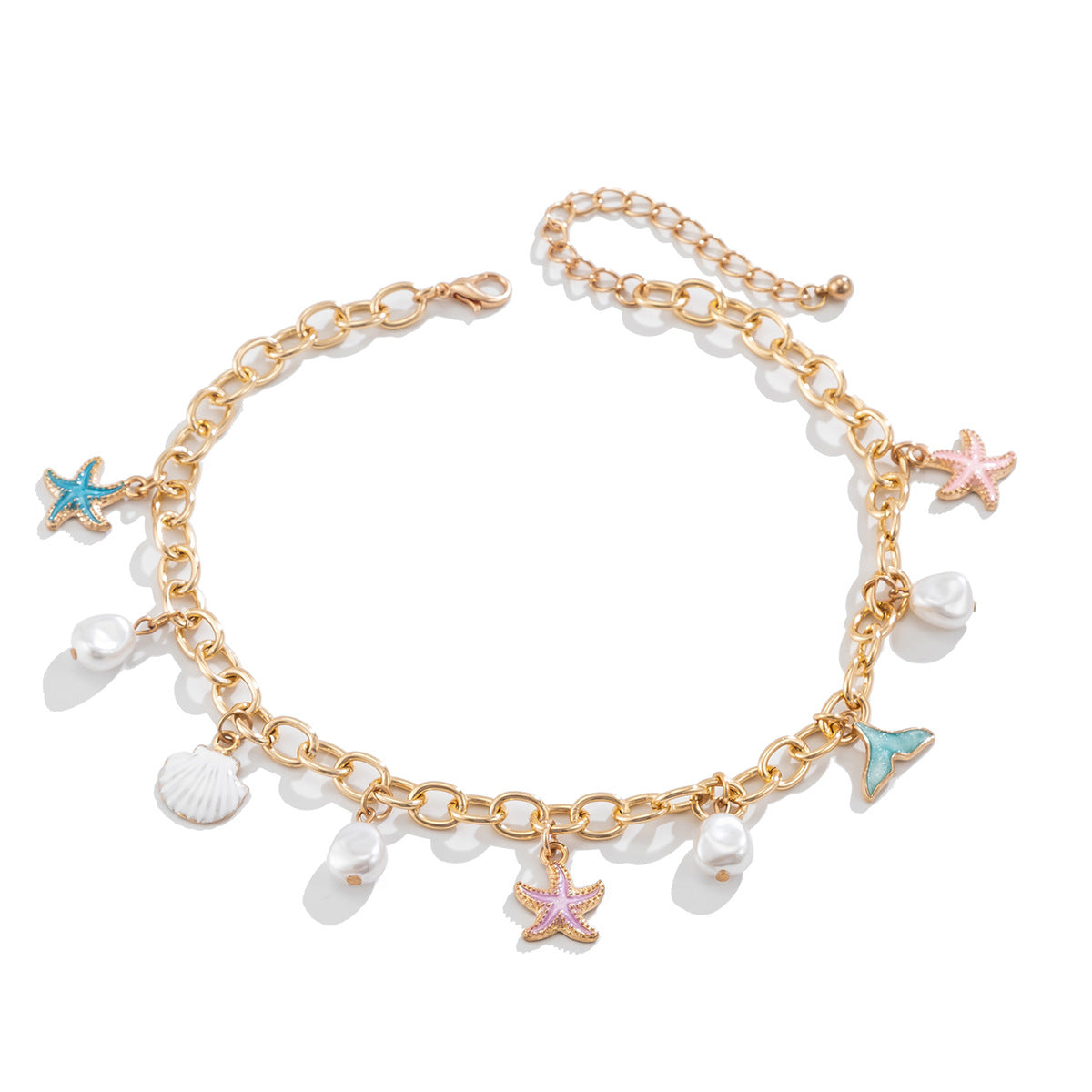 Collana pendente minimalista con stella e conchiglia, nappina e design a coda di sirena, in lega con finitura placcata