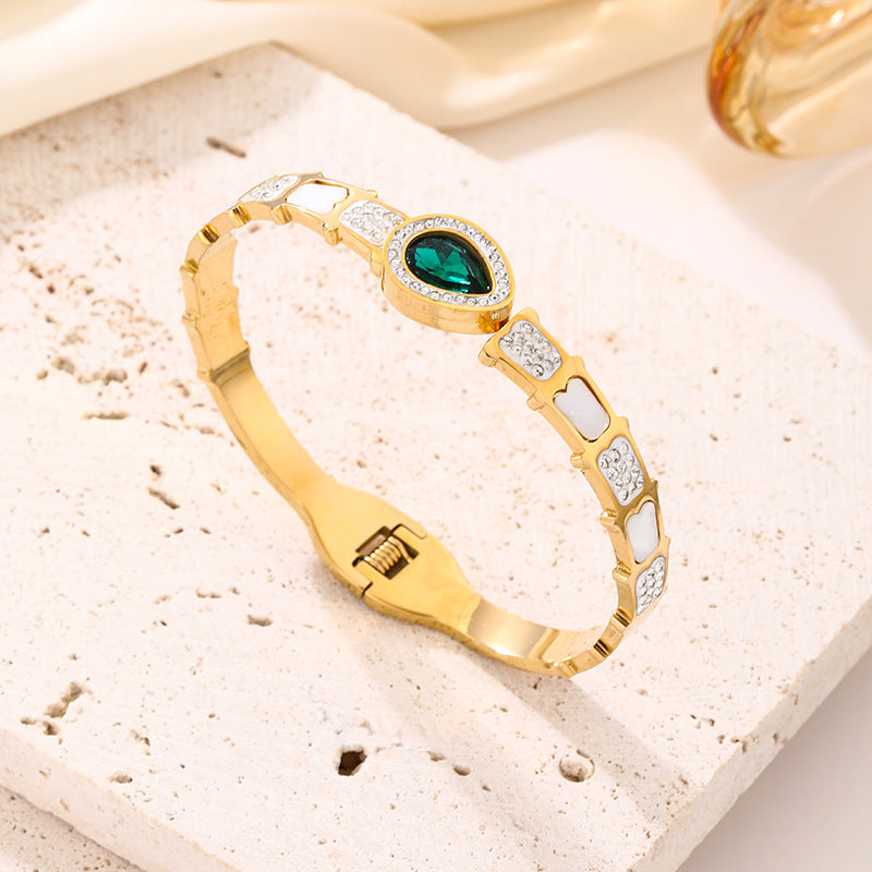 Green Cubic Zirconia Teardrop Geometric Plated Titanium Steel Bracelet with Clasp