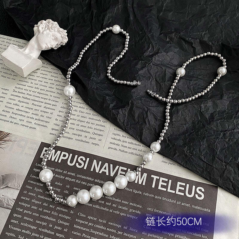 Collar de perlas geométrico de acero titanio con incrustaciones de perlas para estilo urbano unisex