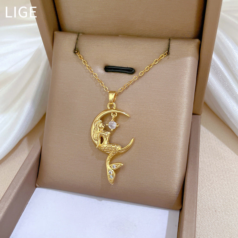 Minimalist Mermaid Shape Titanium Steel Necklace with Zircon Inlay for Women and Men, Delicate Clavicle Chain