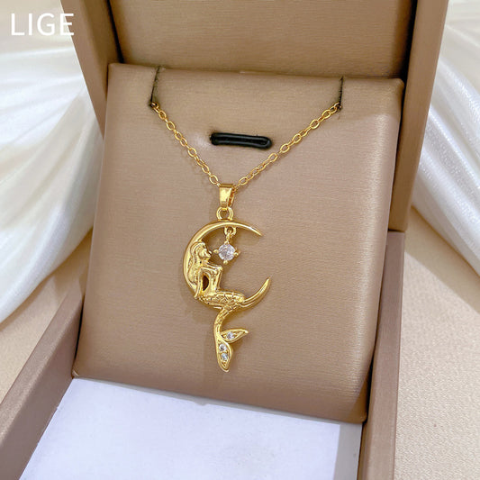 Minimalist Mermaid Shape Titanium Steel Necklace with Zircon Inlay for Women and Men, Delicate Clavicle Chain