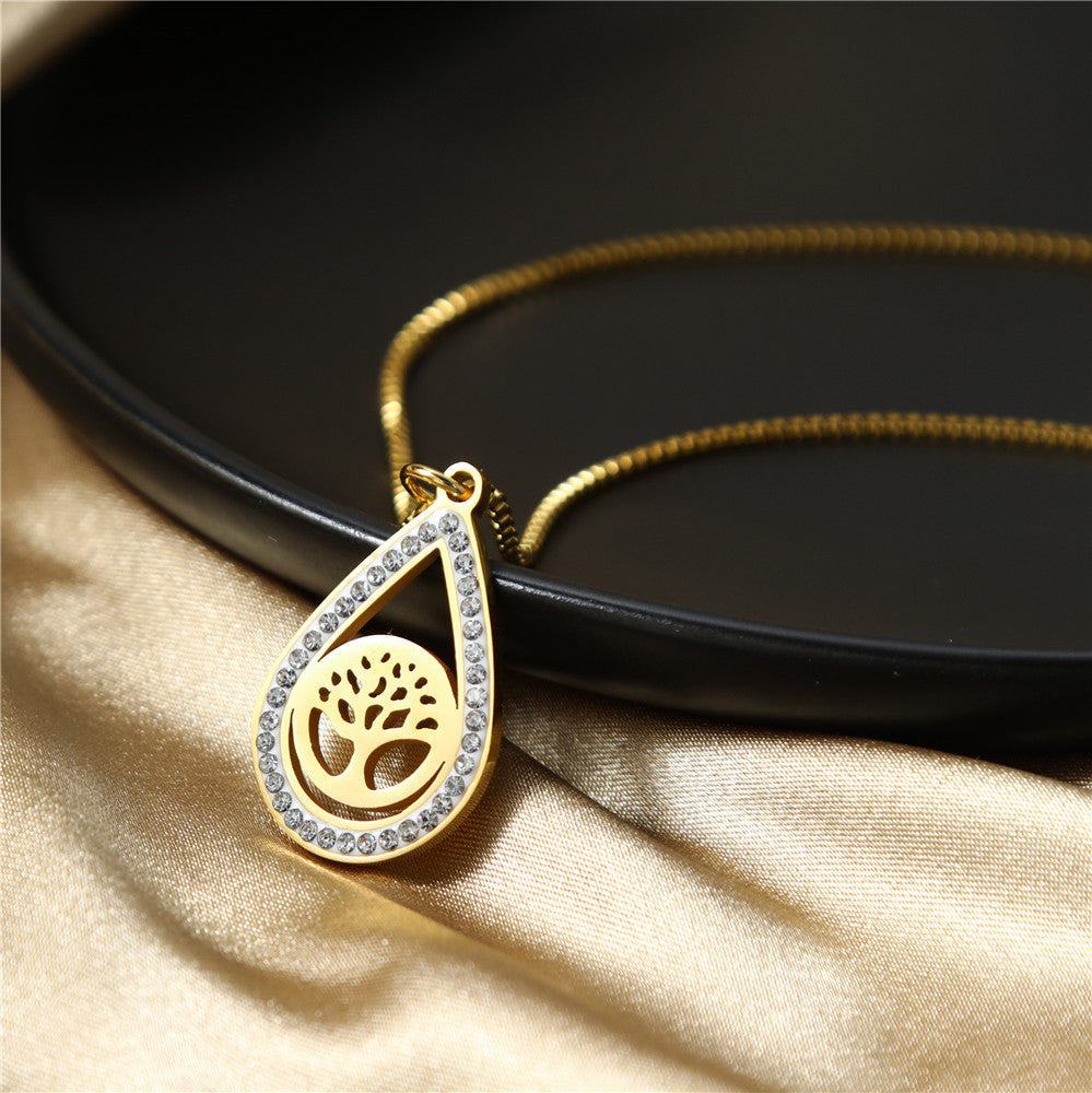 Sweet Teardrop Geometric Stainless Steel Inlaid Cubic Zirconia Alloy Pendant Necklace Box Chain