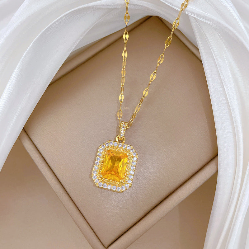 Minimalist Sweet Square Geometric Titanium Steel Necklace with Brass Pendant Inlaid with Cubic Zirconia Floral Design
