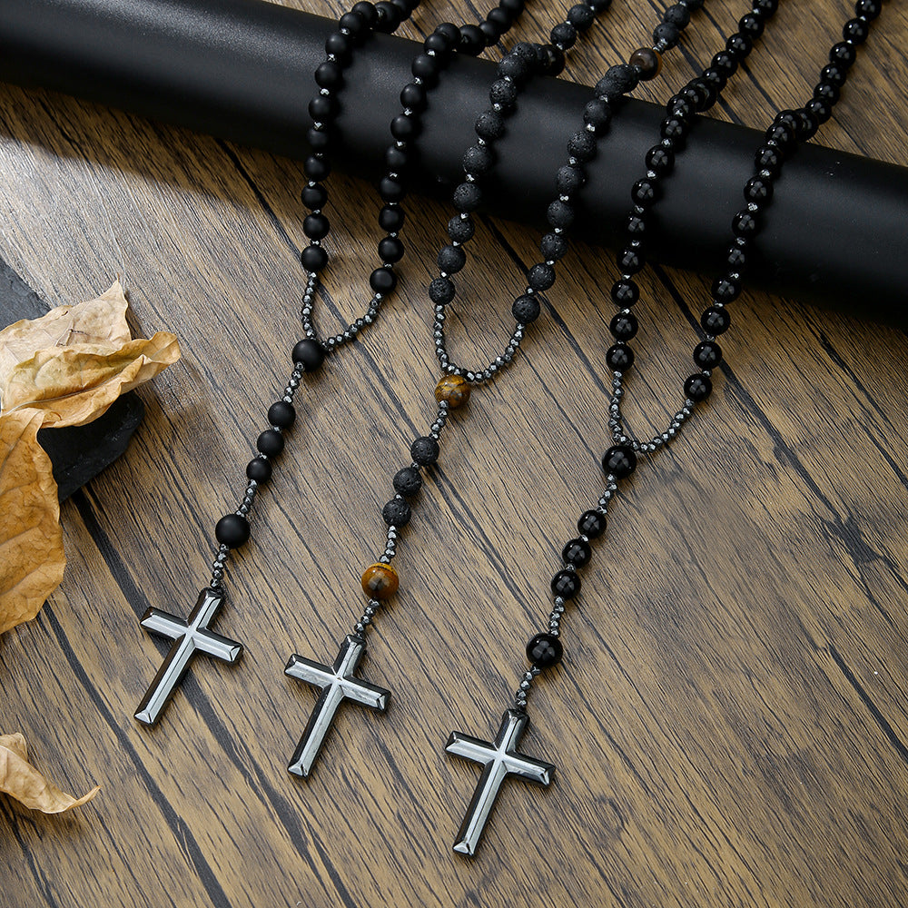Geometric Cross Tiger's Eye and Black Agate Inlay Alloy Pendant Ball Chain Necklace for Men and Women