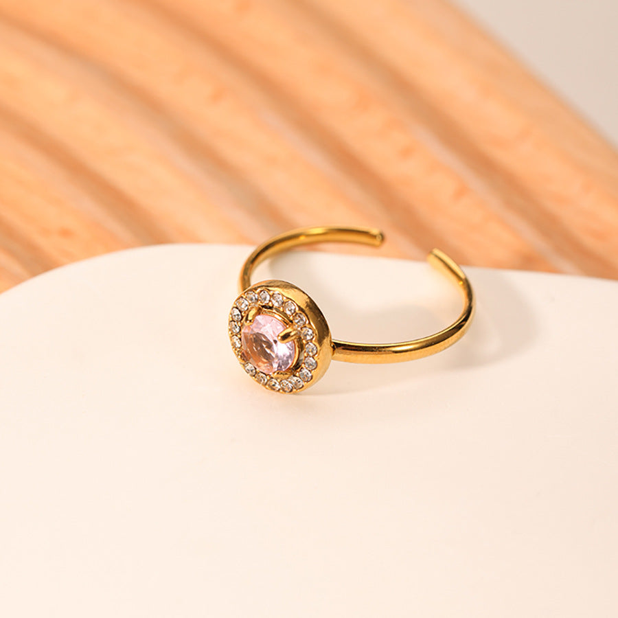 Anello Minimalista Geometrico Rotondo in Acciaio Inossidabile con Intarsio di Zircone Rosa e Placcatura in Oro 18K Sottovuoto per Donna
