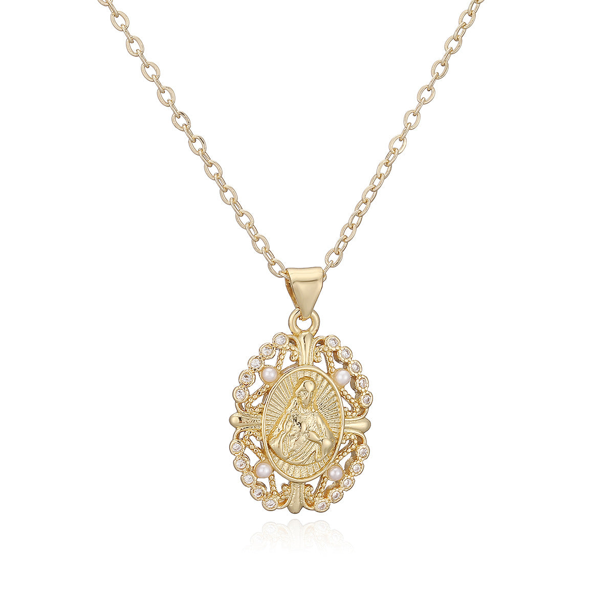 Minimalist Geometric 18K Gold Plated Brass Pendant with Cubic Zirconia and Pearl
