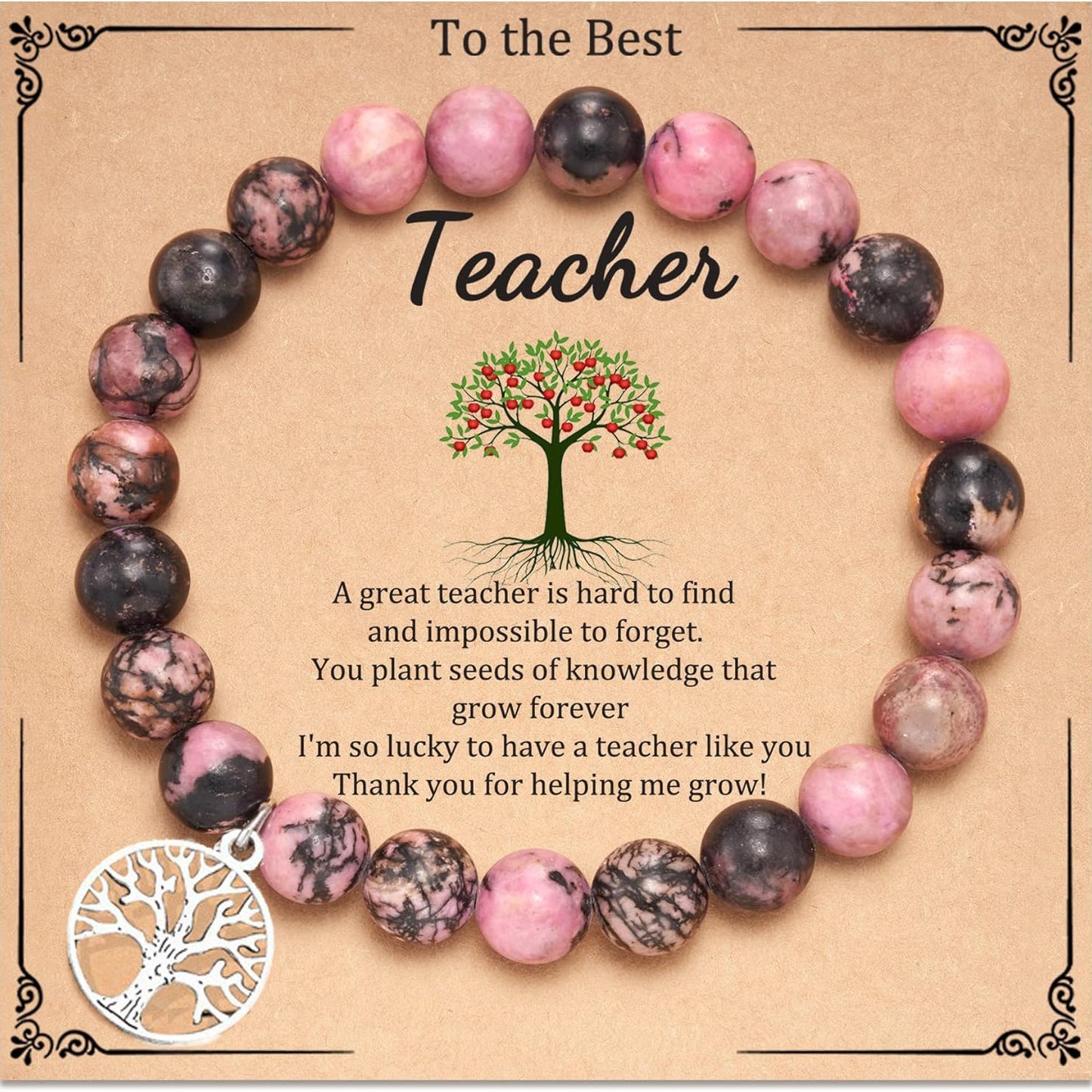 Sweet Geometric Tree of Life Rhodochrosite Beaded Bracelet Unisex