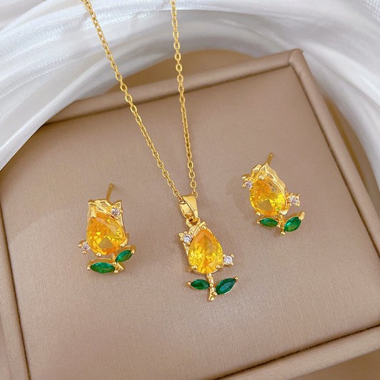 Sweet Elegant Champagne Gold Plated Titanium Steel Rose Moon Rhinestone Necklace Set for Women and Men