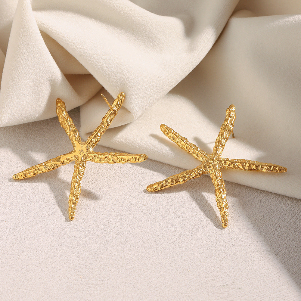 Minimalist Starfish-Shaped Stainless Steel Earrings with 18K Gold Plating and Hammered Texture for Women