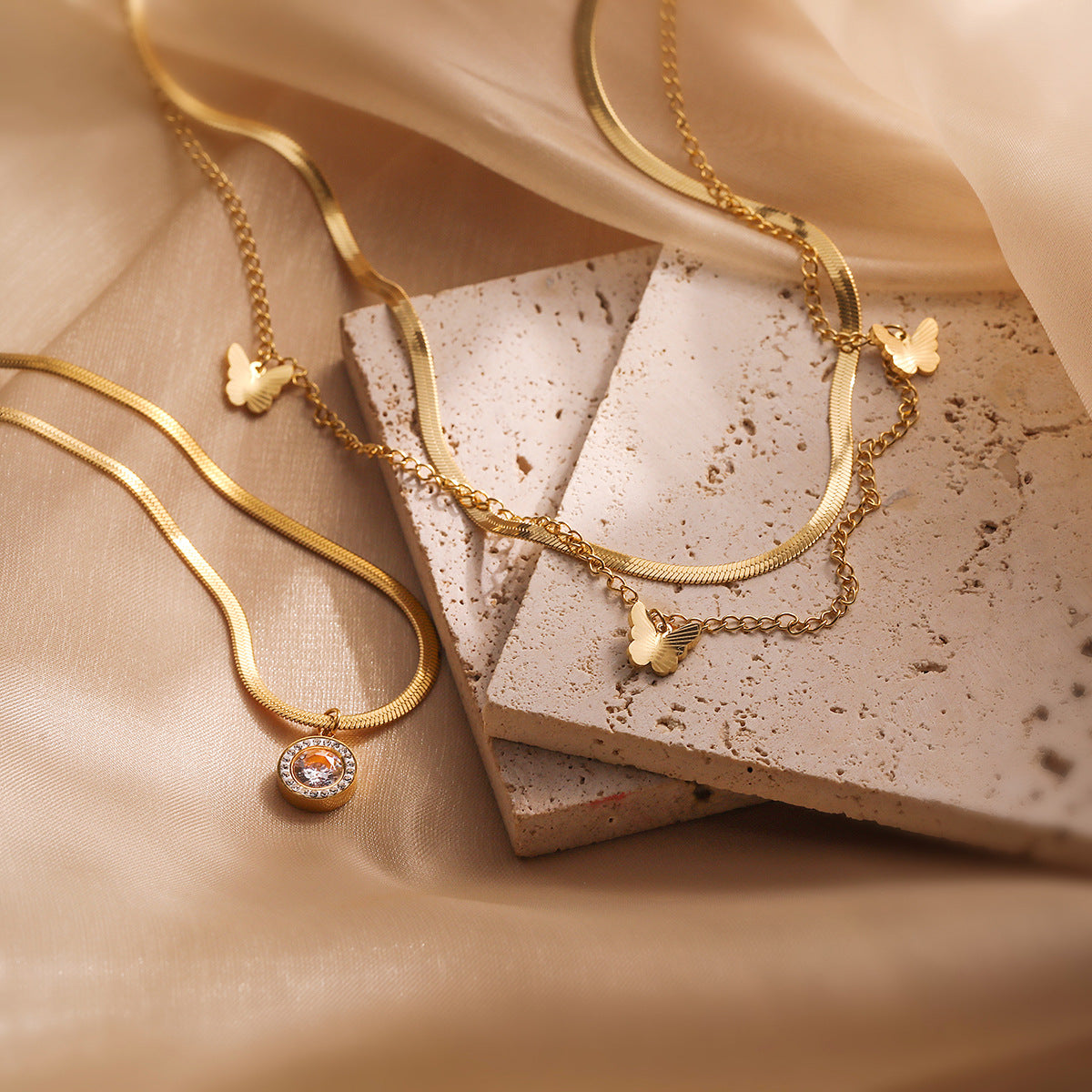 Minimalist Butterfly Pendant Necklace for Women in Titanium Steel with 18K Gold Plating Locket Chain