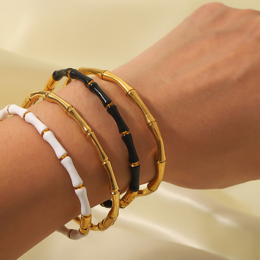 Minimalist Bamboo-Shaped Titanium Steel C-Clasp Bracelet for Women with Plated Finish