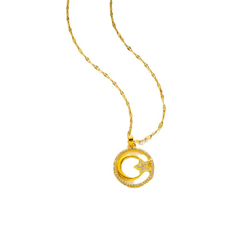 Collar con Colgante de Luna y Estrella Geométrica Minimalista de Acero de Titanio con Chapado en Oro para Mujer